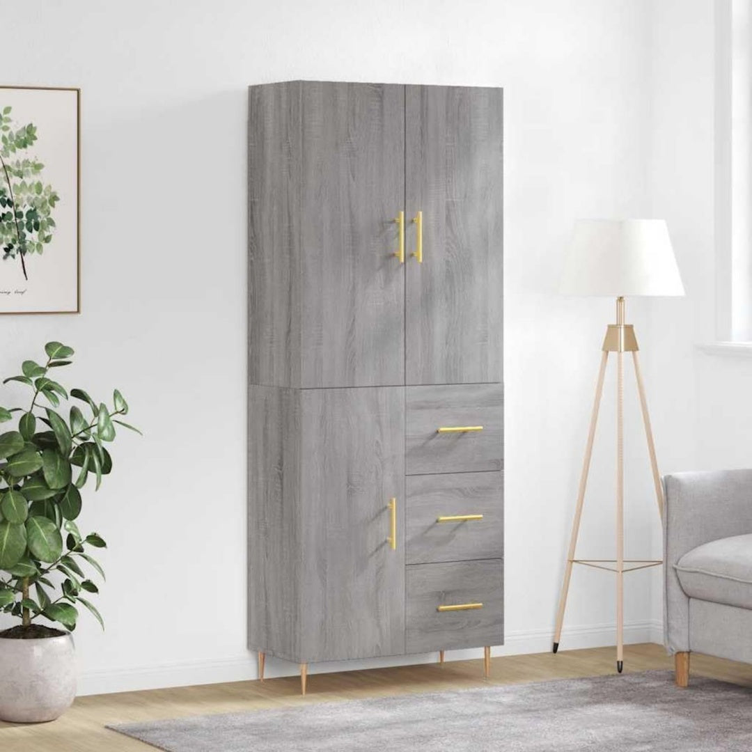 Eichenbraun und Grau bestimmt die Farbgebung von dem Hochschrank